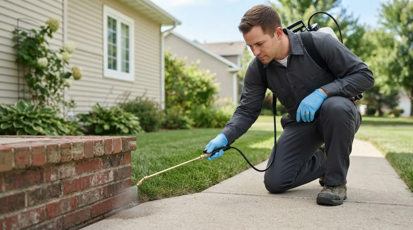 Pest control technician treating a home near Ferguson, IA
