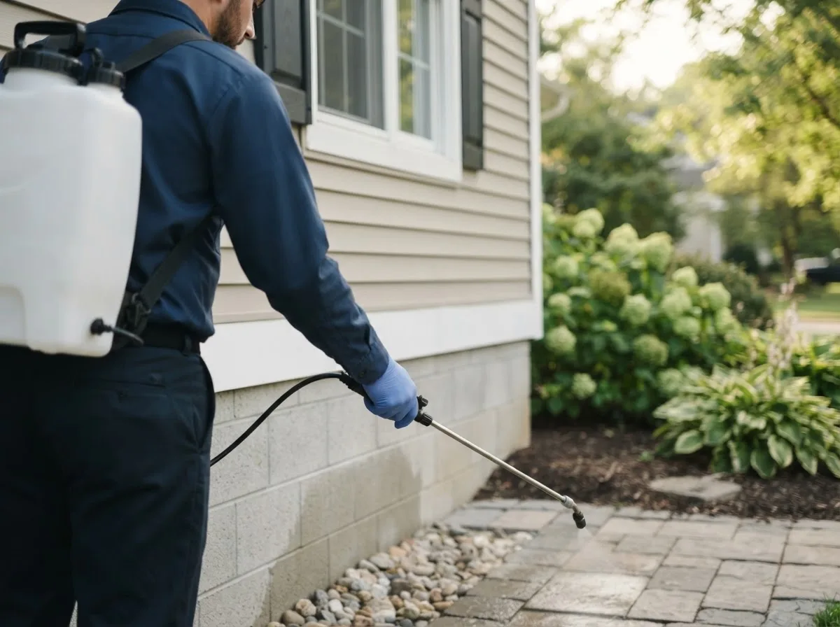 Pest control technician inspecting a home in Ferguson, IA